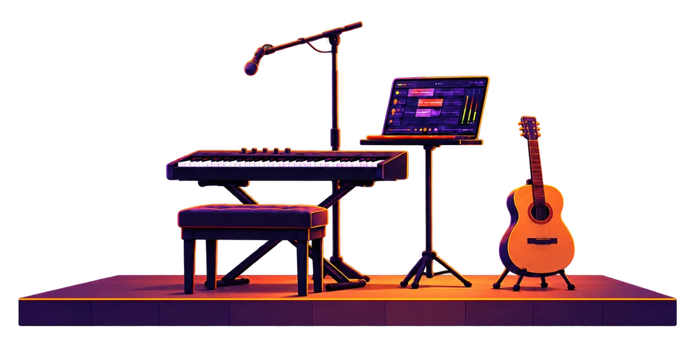 Escenario pequeño con teclado, banqueta, micrófono, una notebook con una estación de audio y una guitarra criolla, iluminado con luces cálidas naranjas y violetas