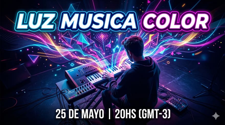 Cartel de la primera edición: el escritorio de producción con el visualizador en pantalla y la fecha 25 de mayo a las 20 h (GMT-3).