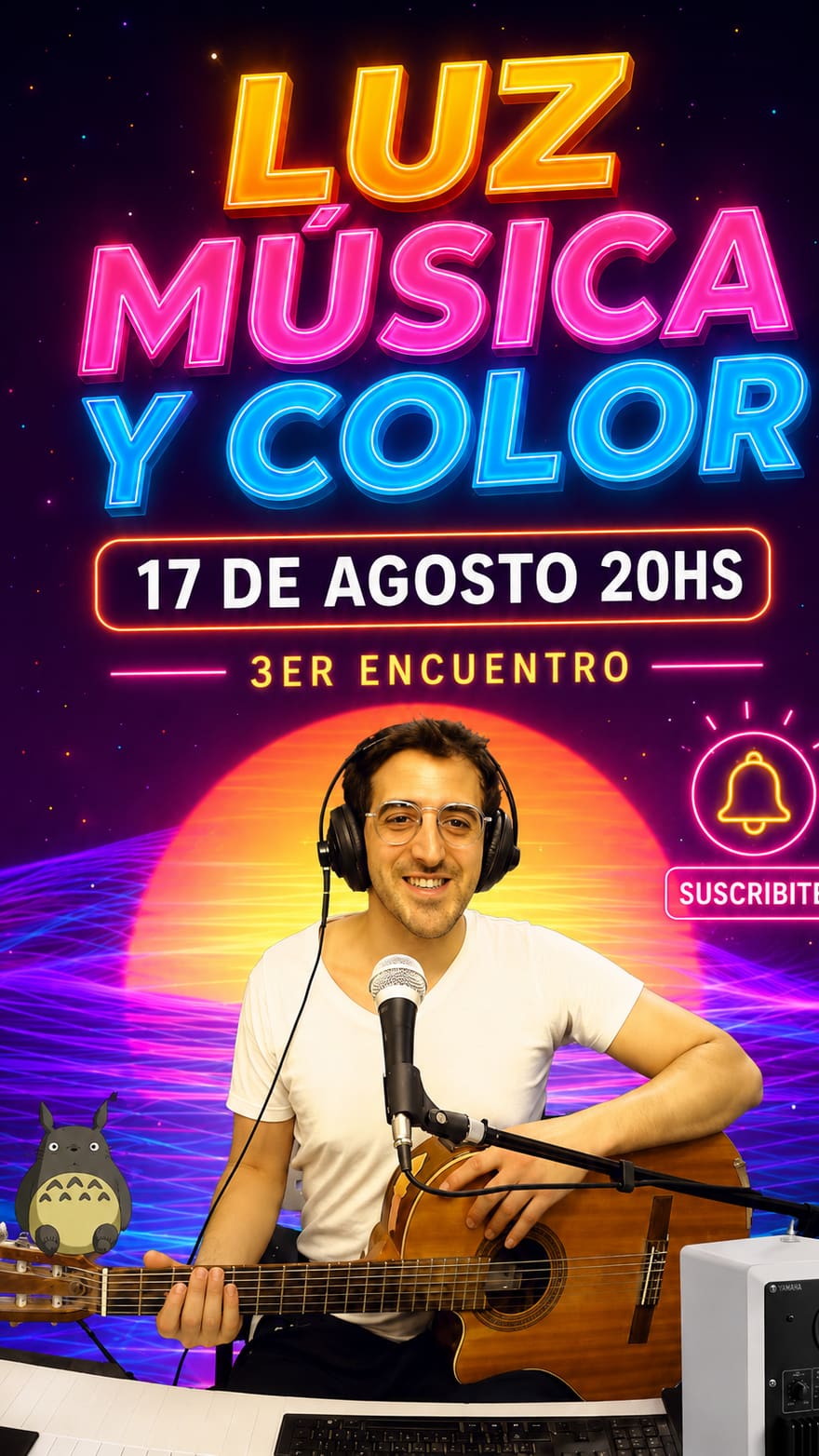 Afiche vertical de la tercera edición: marco de neón, el músico con la guitarra, la fecha 17 de agosto a las 20 h y el cartel de 3er encuentro.