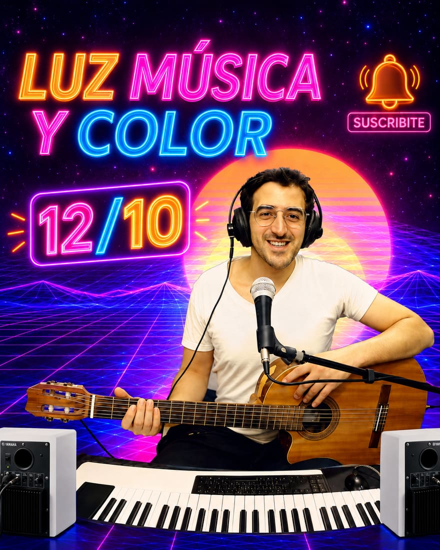 Afiche vertical de la cuarta edición: el músico con la guitarra bajo el sol de neón y la fecha 12/10.
