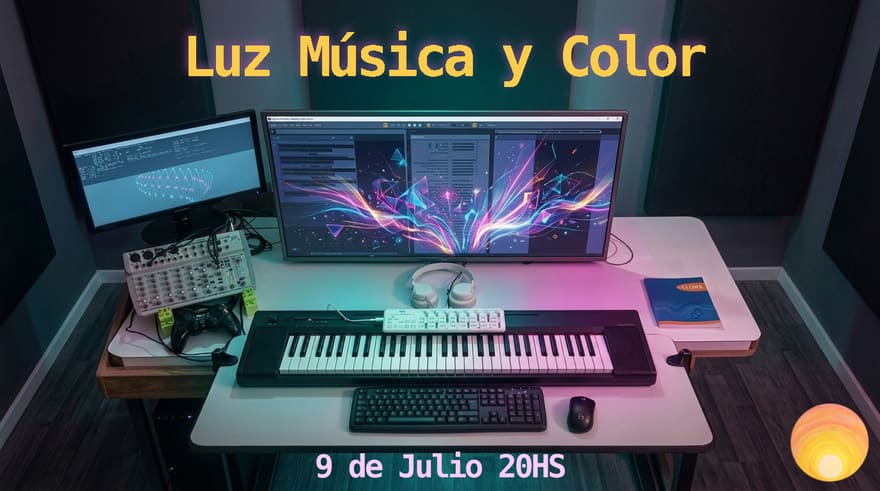 Cartel de la segunda edición: el escritorio de producción con el visualizador en pantalla y la fecha 9 de julio a las 20 h.