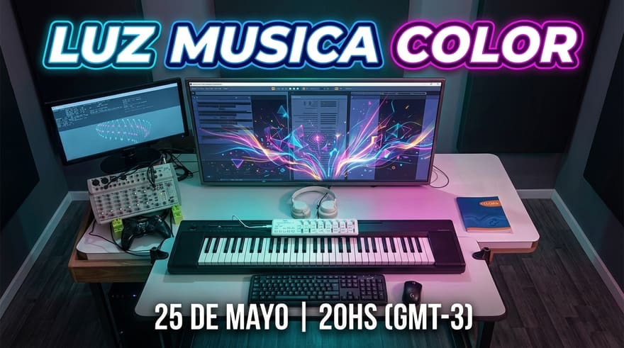 El estudio de producción: el teclado y los monitores en primer plano y, sobre el escritorio, la pantalla con el visualizador respondiendo.