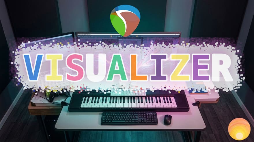 El visualizador dibujando la palabra VISUALIZER sobre el escritorio de producción, con el teclado y los monitores.