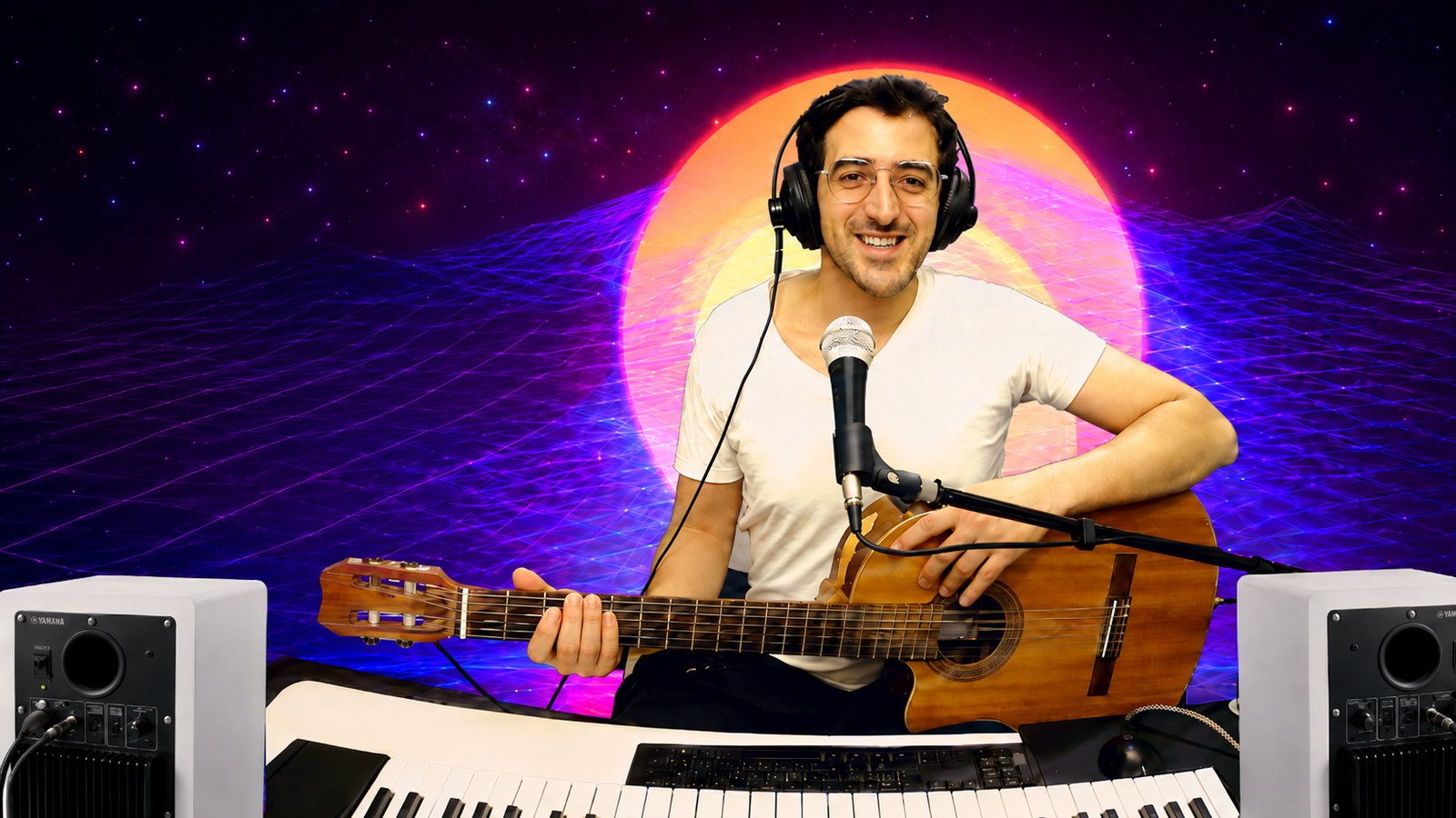 El músico con la guitarra criolla y el micrófono en el estudio, sonriendo frente al sol de neón del programa.